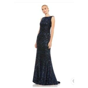 Mac Duggal Womens Sz 4 Evening Gown Sequin Drape Back Trumpet Navy Blue Formal